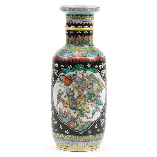 572 - Chinese porcelain black ground rouleau vase hand painted in the famille verte palette with warriors,... 