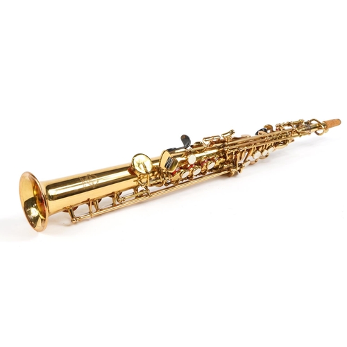 177 - Earlham brass soprano saxophone with fitted case, the saxophone 64cm in length