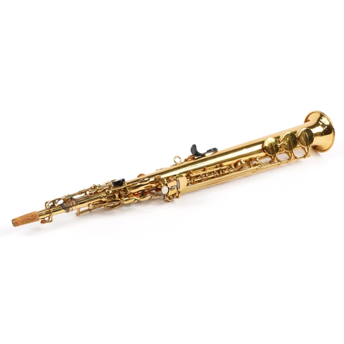 177 - Earlham brass soprano saxophone with fitted case, the saxophone 64cm in length