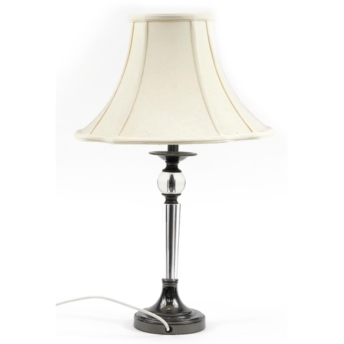 573 - Contemporary glass column table lamp with silk lined shade, 64cm high