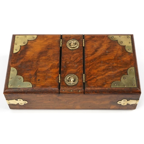 531 - 19th century oak twin divisional box with brass mounts, 8cm H x 27cm W x 15cm D