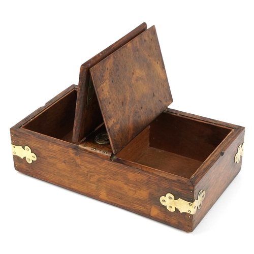 531 - 19th century oak twin divisional box with brass mounts, 8cm H x 27cm W x 15cm D