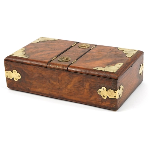 531 - 19th century oak twin divisional box with brass mounts, 8cm H x 27cm W x 15cm D