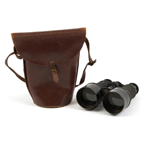 2183 - Pair of vintage military interest Ross of London binoculars with leather case, 15cm in length