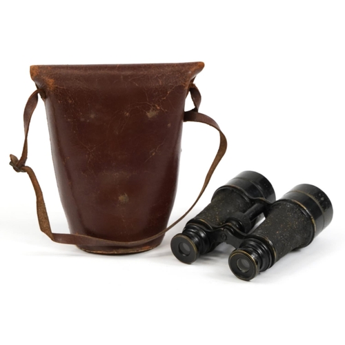 2183 - Pair of vintage military interest Ross of London binoculars with leather case, 15cm in length