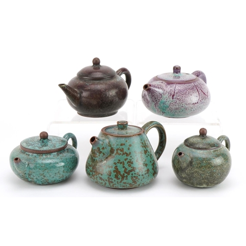 1282 - Five Chinese Yixing terracotta teapots having various colourful mottled glazes, the largest 13cm in ... 