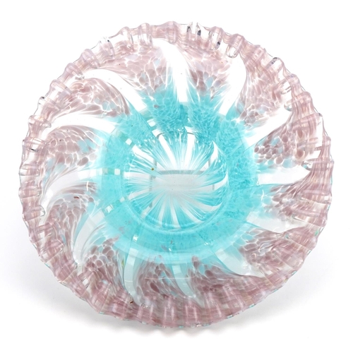 258 - Pink and blue art glass vase with frilled rim, possibly Murano, 24cm in diameter