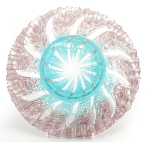 258 - Pink and blue art glass vase with frilled rim, possibly Murano, 24cm in diameter