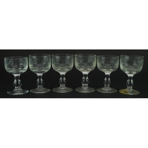 582 - Set of six early 20th century glasses each acid etched with a figure, each 10.5cm high