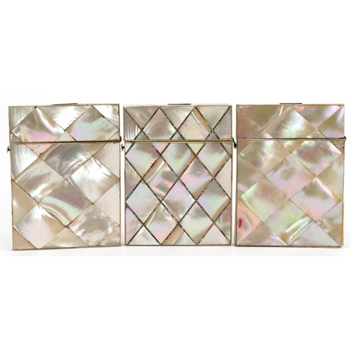 265 - Three Victorian mother of pearl and abalone calling card cases, each approximately 10.5cm high