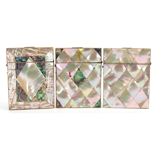 264 - Three Victorian mother of pearl and abalone calling card cases, each approximately 10.5cm high