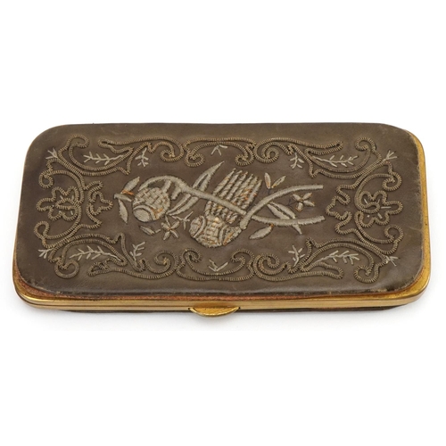 268 - Victorian leather and brass aide memoire calling card case with metallic embroidery, 15cm wide
