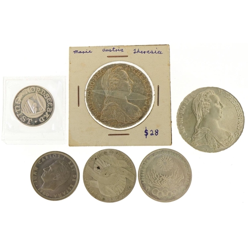 2463 - World coinage, some silver, including two Austrian Maria Theresa thalers, total 110g