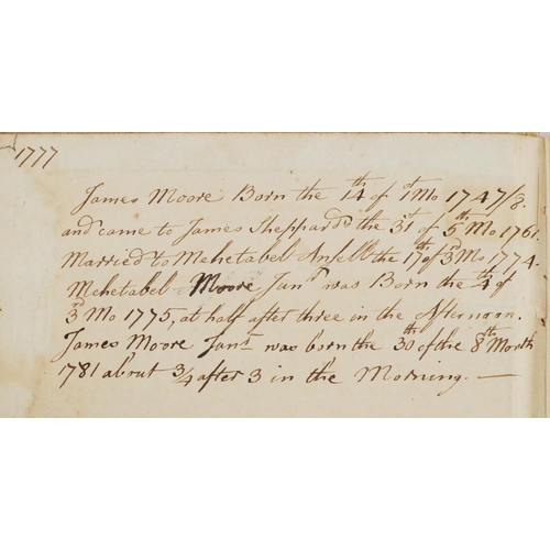 2272 - 18th century vellum bound journal or diary relating to James Moore, inscribed Born the 14th of 1 Mo ... 