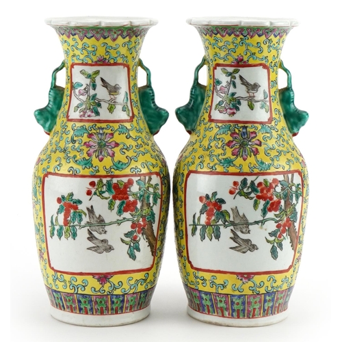 356 - Pair of Chinese porcelain yellow ground vases with twin handles hand painted with panels of birds am... 