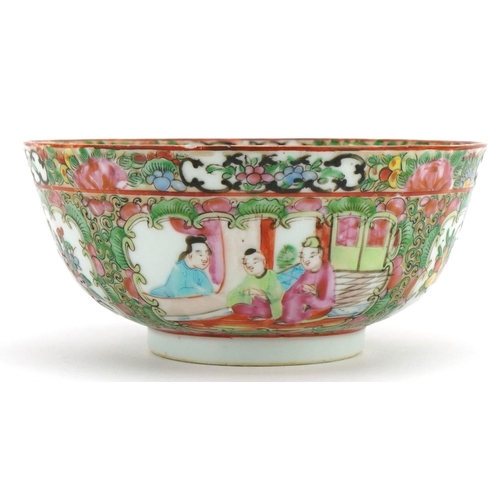 165 - Chinese Canton porcelain bowl hand painted in the famille rose palette with panels of figures and bi... 