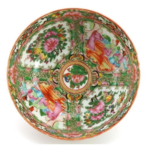 165 - Chinese Canton porcelain bowl hand painted in the famille rose palette with panels of figures and bi... 