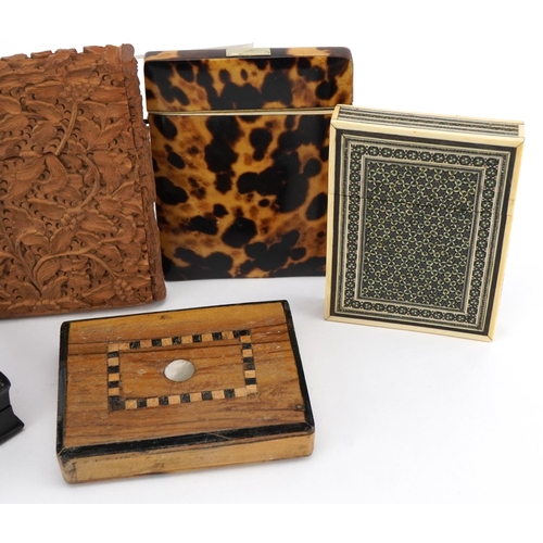 267 - Victorian and later cases and a pressed photograph case housing two ornate gilt metal mounts, includ... 