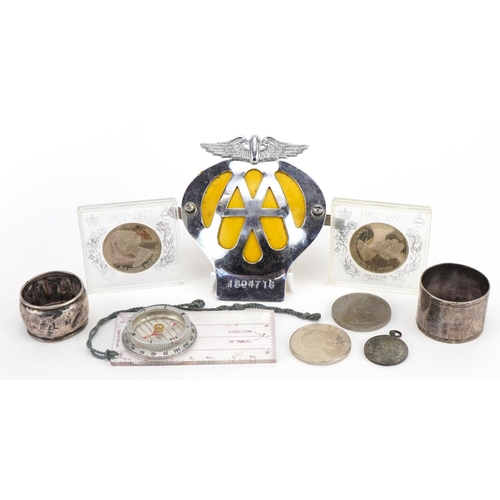 1272 - Objects including five pound coin, AA car badge and two silver napkin rings