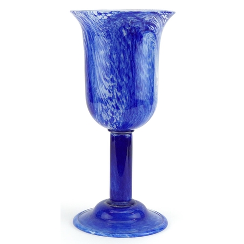 255 - Graystan, early 20th century mottled blue pedestal glass cup etched Gray-stan to the base, 34cm high