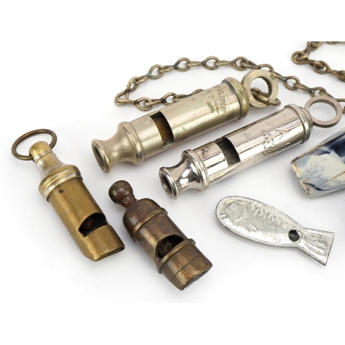 1286 - Seven Victorian and later whistles including ARP, The Metropolitan Patent and two Bakelite examples