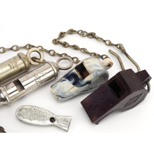 1286 - Seven Victorian and later whistles including ARP, The Metropolitan Patent and two Bakelite examples