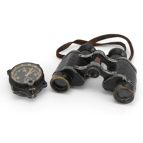 2182 - Pair of German military interest binoculars and a military interest car or pilot clock with luminous... 