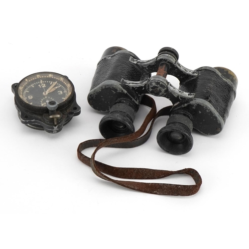 2182 - Pair of German military interest binoculars and a military interest car or pilot clock with luminous... 