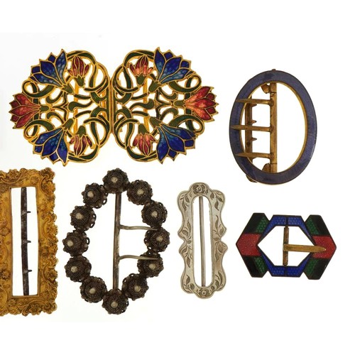 320 - 19th century and later buckles including Art Deco enamel and two unmarked silver examples, the large... 