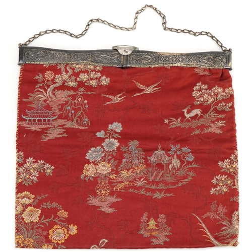 1293 - Art Nouveau chinoiserie ladies purse with Gemco silver plated floral mount, 30cm x 29cm