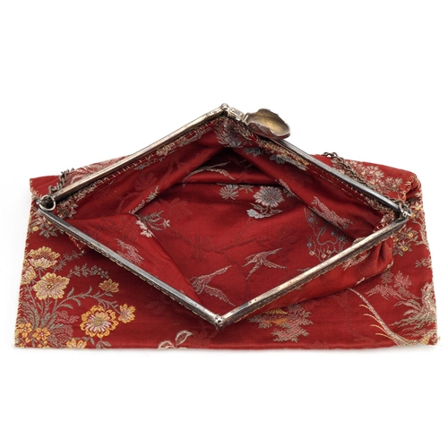 1293 - Art Nouveau chinoiserie ladies purse with Gemco silver plated floral mount, 30cm x 29cm