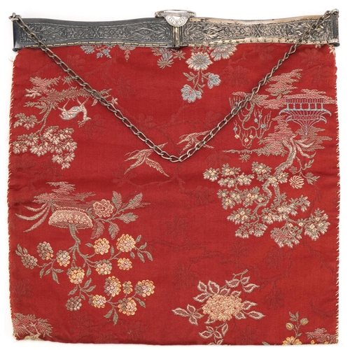 1293 - Art Nouveau chinoiserie ladies purse with Gemco silver plated floral mount, 30cm x 29cm