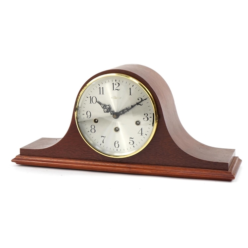 527 - Franz Hermle, German mahogany Napoleon hat shaped mantle clock Westminster chime, 50cm wide