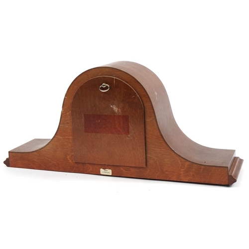 527 - Franz Hermle, German mahogany Napoleon hat shaped mantle clock Westminster chime, 50cm wide