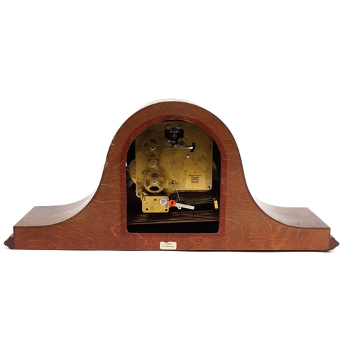 527 - Franz Hermle, German mahogany Napoleon hat shaped mantle clock Westminster chime, 50cm wide