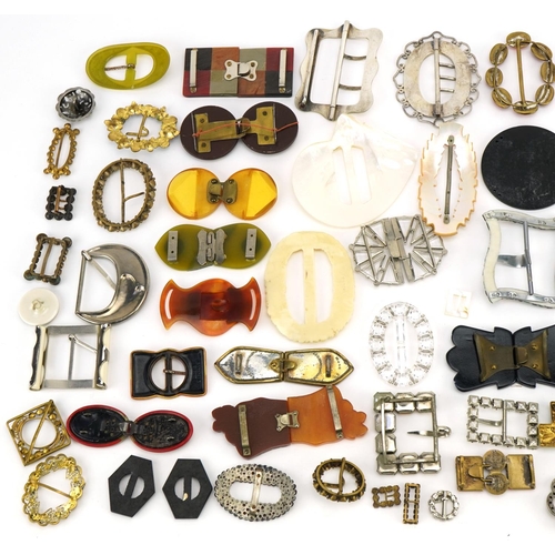 319 - Good collection of antique and later buckles including French Art Deco celluloid, Georgian style cut... 