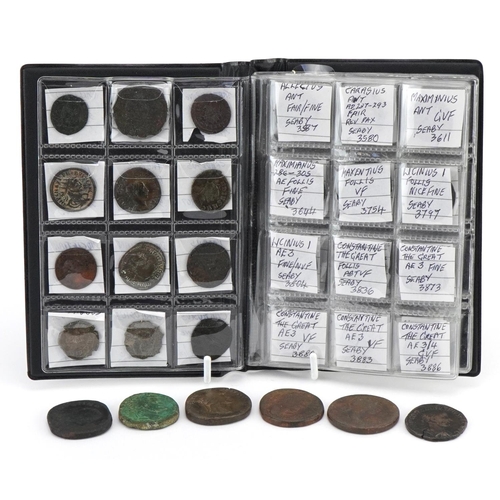 2458 - Collection of Roman and later coins arranged in an album including Gordian III, Septimius Severus, C... 