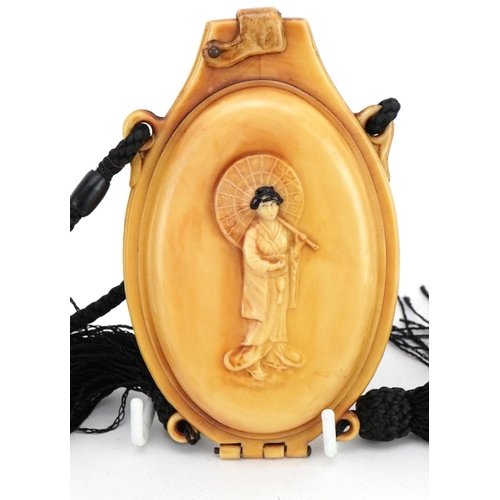 321 - Antique and later vanity items including a French celluloid vanity case decorated with a Geisha, sil... 