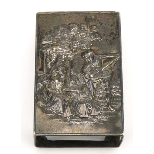 98 - Rectangular silver matchbox case embossed with a musician serenading females and a silver vesta, the... 