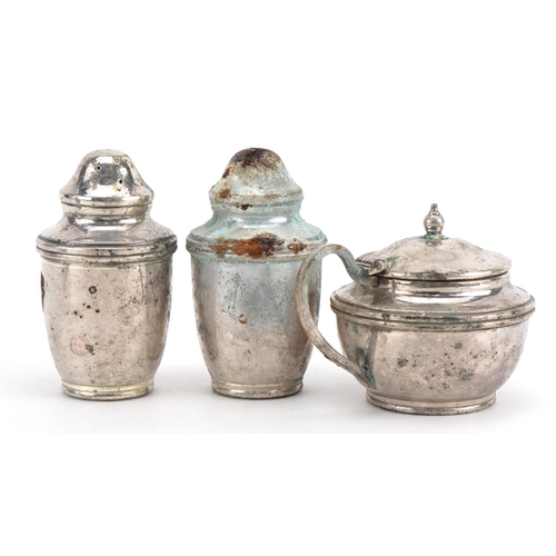 185 - Silver three piece cruet and a Viners oval silver tray, the largest 15cm wide, weighable silver 255.... 
