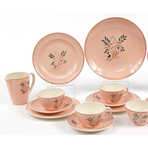 375 - Truda Carter for Poole, 1950s pottery dinner and teaware hand painted in the Leaping Deer pattern in... 