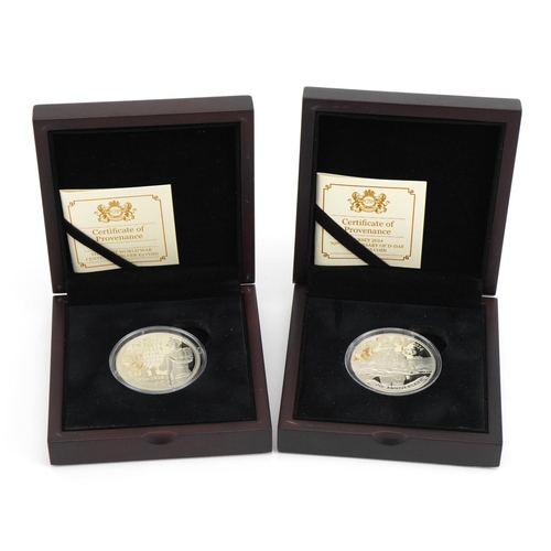 2411 - Two military interest silver proof five pound coins with cases and certificates commemorating Centen... 