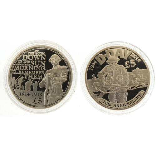 2411 - Two military interest silver proof five pound coins with cases and certificates commemorating Centen... 