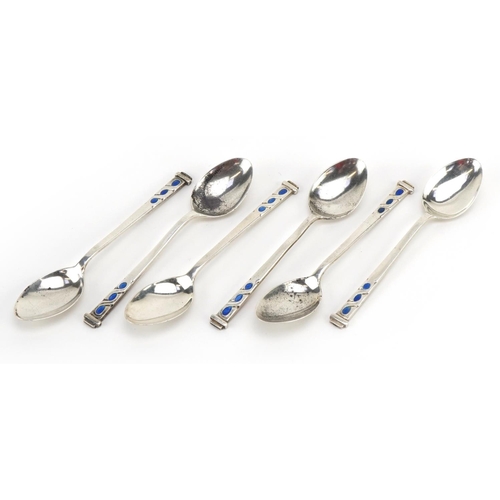 58 - Liberty & Co, set of six Arts & Crafts style silver and enamel teaspoons, Birmingham 1946, 9.5cm in ... 