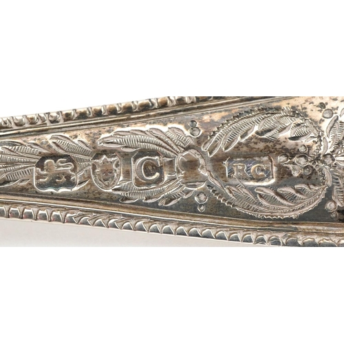 99 - George III silver fork and spoon with engraved decoration, housed in a Mappin & Webb velvet and silk... 