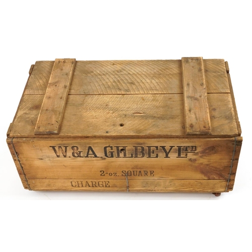 459 - W & A Gilbey Ltd, Vintage Whisky pine advertising crate on metal casters, 26cm H x 66.5cm W x 37cm D