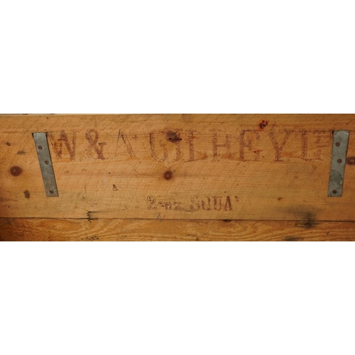 459 - W & A Gilbey Ltd, Vintage Whisky pine advertising crate on metal casters, 26cm H x 66.5cm W x 37cm D