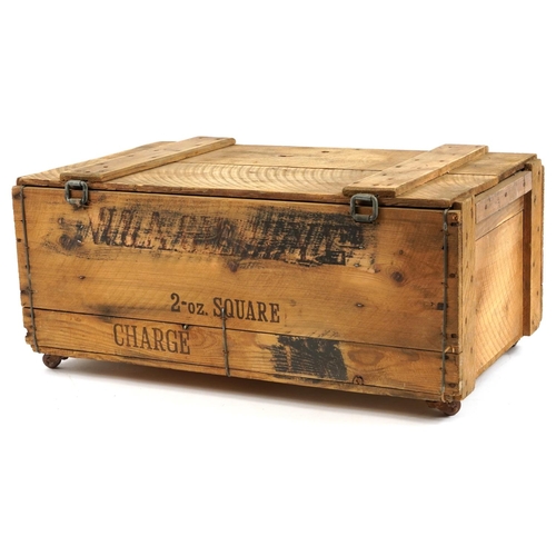 459 - W & A Gilbey Ltd, Vintage Whisky pine advertising crate on metal casters, 26cm H x 66.5cm W x 37cm D