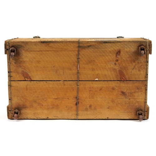 459 - W & A Gilbey Ltd, Vintage Whisky pine advertising crate on metal casters, 26cm H x 66.5cm W x 37cm D