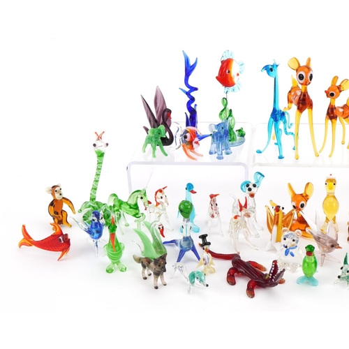 381 - Collection of Murano style colourful glass animals including serpent, fish and shark, the largest 11... 